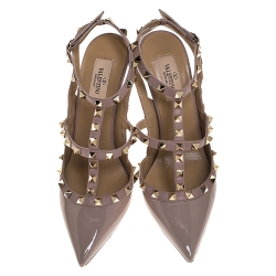 Pre Owned Valentino Beige Patent Leather And Leather Rockstud Ankle Strap Sandals Size 39