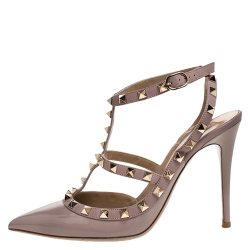 Pre Owned Valentino Beige Patent Leather And Leather Rockstud Ankle Strap Sandals Size 39