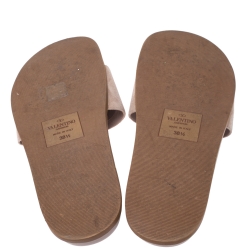 Pre Owned Valentino Beige Suede And Leather Chain Flat Slide Sandals Size 38.5