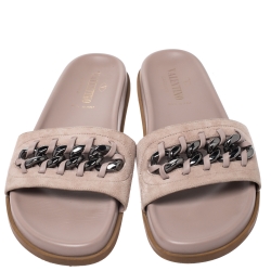 Pre Owned Valentino Beige Suede And Leather Chain Flat Slide Sandals Size 38.5