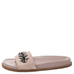 Pre Owned Valentino Beige Suede And Leather Chain Flat Slide Sandals Size 38.5