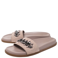 Pre Owned Valentino Beige Suede And Leather Chain Flat Slide Sandals Size 38.5