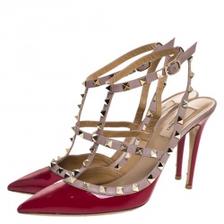 Pre Owned Valentino Dark Pink Patent And Leather Rockstud Pointed Toe Sandals Size 39.5