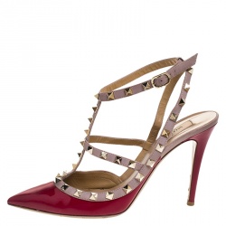 Pre Owned Valentino Dark Pink Patent And Leather Rockstud Pointed Toe Sandals Size 39.5