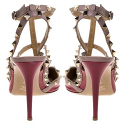 Pre Owned Valentino Dark Pink Patent And Leather Rockstud Pointed Toe Sandals Size 39.5