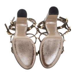 Pre Owned Valentino Green Leather Rockstud Block Heel Cage Ankle Strap Sandals Size 39