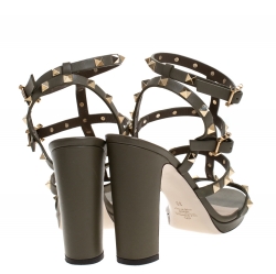 Pre Owned Valentino Green Leather Rockstud Block Heel Cage Ankle Strap Sandals Size 39
