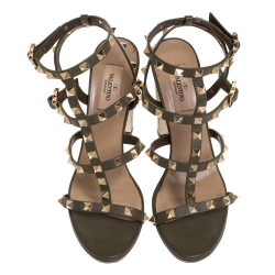 Pre Owned Valentino Green Leather Rockstud Block Heel Cage Ankle Strap Sandals Size 39