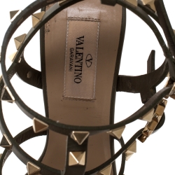 Pre Owned Valentino Green Leather Rockstud Block Heel Cage Ankle Strap Sandals Size 39