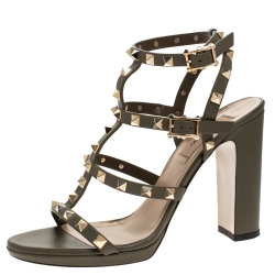 Pre Owned Valentino Green Leather Rockstud Block Heel Cage Ankle Strap Sandals Size 39