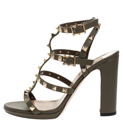 Pre Owned Valentino Green Leather Rockstud Block Heel Cage Ankle Strap Sandals Size 39