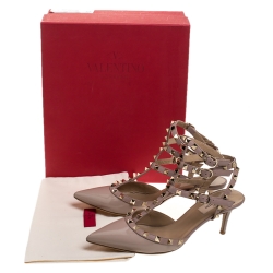 Pre Owned Valentino Beige Patent Leather And Leather Rockstud Ankle Strap Pointed Toe Sandals Size 39