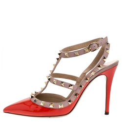 Pre Owned Valentino Beige/Red Patent And Leather Rockstud Ankle Strap Sandals Size 37