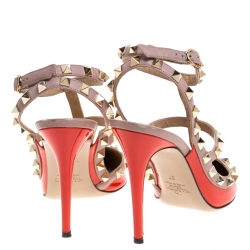 Pre Owned Valentino Beige/Red Patent And Leather Rockstud Ankle Strap Sandals Size 37