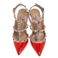 Pre Owned Valentino Beige/Red Patent And Leather Rockstud Ankle Strap Sandals Size 37