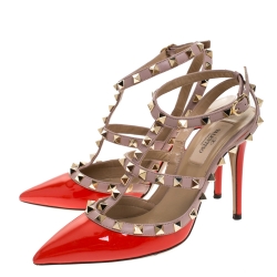 Pre Owned Valentino Beige/Red Patent And Leather Rockstud Ankle Strap Sandals Size 37