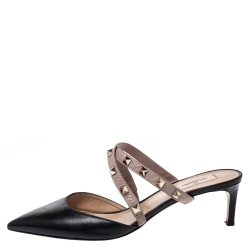 Pre Owned Valentino Black/Beige Leather Rockstud Pointed Toe Mules Size 40