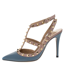 Pre Owned Valentino Grey/Beige Leather Rockstud Ankle Strap Sandals Size 37