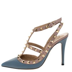 Pre Owned Valentino Grey/Beige Leather Rockstud Ankle Strap Sandals Size 37