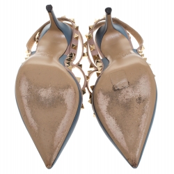 Pre Owned Valentino Grey/Beige Leather Rockstud Ankle Strap Sandals Size 37