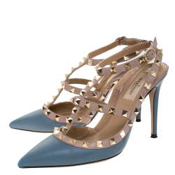 Pre Owned Valentino Grey/Beige Leather Rockstud Ankle Strap Sandals Size 37