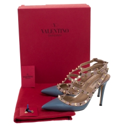 Pre Owned Valentino Grey/Beige Leather Rockstud Ankle Strap Sandals Size 37