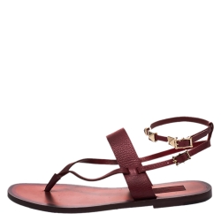 Pre Owned Valentino Red Leather Slide Stud Detail Thong Slingback Sandals Size 37