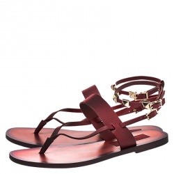 Pre Owned Valentino Red Leather Slide Stud Detail Thong Slingback Sandals Size 37