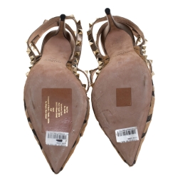 Pre Owned Valentino Metallic/Beige Leopard Print Calfhair and Leather Rockstud Pointed Toe Sandals Size 39.5