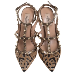 Pre Owned Valentino Metallic/Beige Leopard Print Calfhair and Leather Rockstud Pointed Toe Sandals Size 39.5
