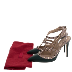 Pre Owned Valentino Green/Beige Leather Rockstud Strappy Pointed Toe Sandals Size 40