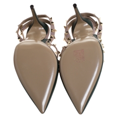 Pre Owned Valentino Green/Beige Leather Rockstud Strappy Pointed Toe Sandals Size 40