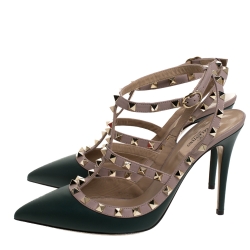 Pre Owned Valentino Green/Beige Leather Rockstud Strappy Pointed Toe Sandals Size 40