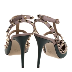 Pre Owned Valentino Green/Beige Leather Rockstud Strappy Pointed Toe Sandals Size 40