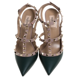 Pre Owned Valentino Green/Beige Leather Rockstud Strappy Pointed Toe Sandals Size 40