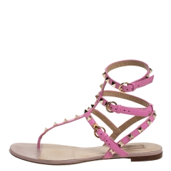 Pre Owned Valentino Pink Leather Rockstud Thong Gladiator Sandals Size 39