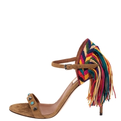 Valentino Brown Suede Rolling Embroidered Fringed Rockstud Ankle Strap Open Toe Sandals Size 37
