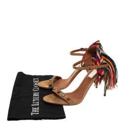 Valentino Brown Suede Rolling Embroidered Fringed Rockstud Ankle Strap Open Toe Sandals Size 37