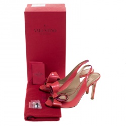 Pre Owned Valentino Coral Patent Leather Slingback Peep Toe Bow Sandals Size 35.5