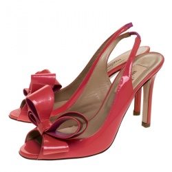 Pre Owned Valentino Coral Patent Leather Slingback Peep Toe Bow Sandals Size 35.5