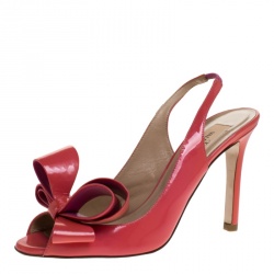 Pre Owned Valentino Coral Patent Leather Slingback Peep Toe Bow Sandals Size 35.5