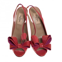 Pre Owned Valentino Coral Patent Leather Slingback Peep Toe Bow Sandals Size 35.5