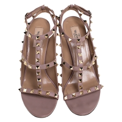 Pre Owned Valentino Black/Beige Leather Rockstud Ankle Strap Sandals Size 38.5