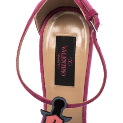 Pre Owned Valentino Pink Suede And Patent Leather Love Blade T Strap Sandals Size 38.5