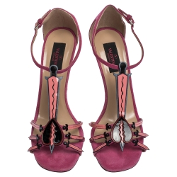 Pre Owned Valentino Pink Suede And Patent Leather Love Blade T Strap Sandals Size 38.5