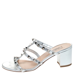 Pre Owned Valentino Metallic Silver Leather Rockstud Caged Slide Sandals Size 38