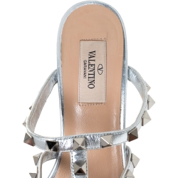 Pre Owned Valentino Metallic Silver Leather Rockstud Caged Slide Sandals Size 38