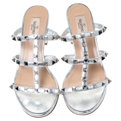 Pre Owned Valentino Metallic Silver Leather Rockstud Caged Slide Sandals Size 38
