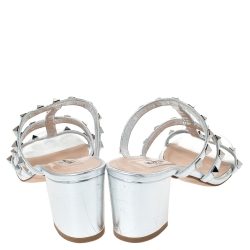 Pre Owned Valentino Metallic Silver Leather Rockstud Caged Slide Sandals Size 38