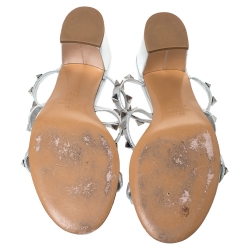 Pre Owned Valentino Metallic Silver Leather Rockstud Caged Slide Sandals Size 38